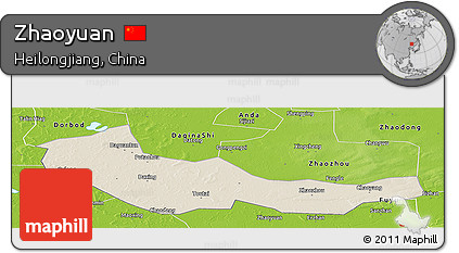 Shaded Relief Panoramic Map of Zhaoyuan, physical outside