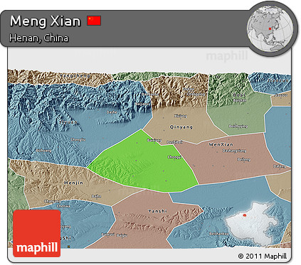 Political 3D Map of Meng Xian, semi-desaturated