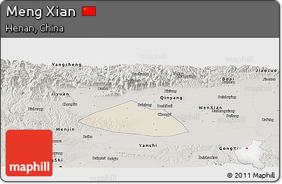 Shaded Relief Panoramic Map of Meng Xian, semi-desaturated
