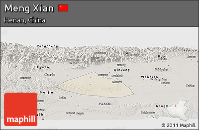 Shaded Relief Panoramic Map of Meng Xian, semi-desaturated