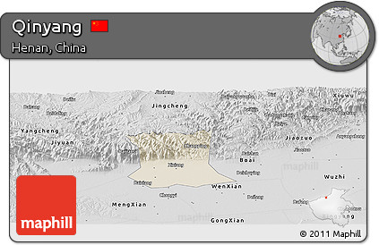 Shaded Relief Panoramic Map of Qinyang, desaturated