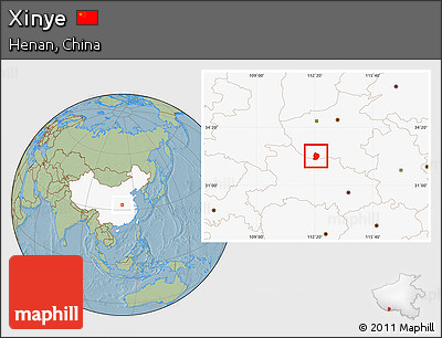 Savanna Style Location Map of Xinye, highlighted country, hill shading