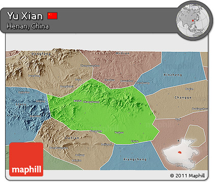 Political 3D Map of Yu Xian, semi-desaturated