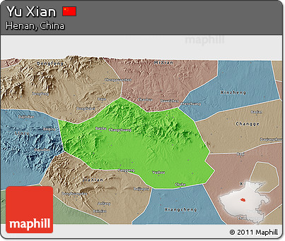 Political 3D Map of Yu Xian, semi-desaturated