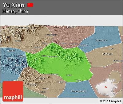 Political 3D Map of Yu Xian, semi-desaturated