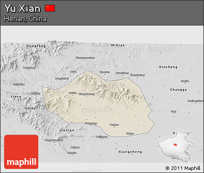 Shaded Relief 3D Map of Yu Xian, desaturated