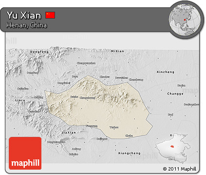 Shaded Relief 3D Map of Yu Xian, desaturated
