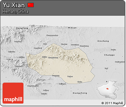 Shaded Relief 3D Map of Yu Xian, desaturated