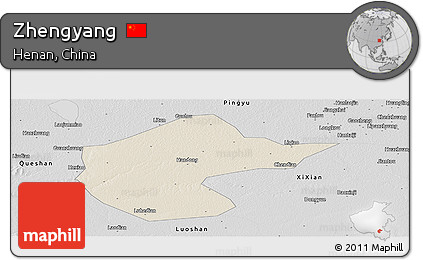 Shaded Relief Panoramic Map of Zhengyang, desaturated