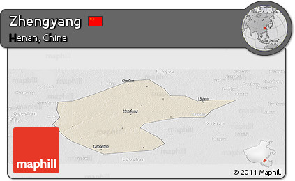 Shaded Relief Panoramic Map of Zhengyang, lighten, desaturated