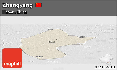 Shaded Relief Panoramic Map of Zhengyang, lighten, desaturated