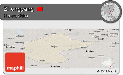 Shaded Relief Panoramic Map of Zhengyang, semi-desaturated