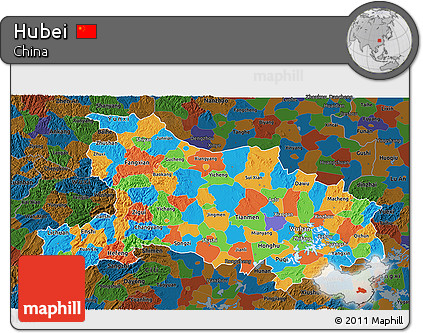 Political 3D Map of Hubei, darken