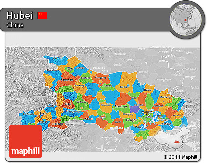 Political 3D Map of Hubei, lighten, desaturated