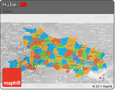 Political 3D Map of Hubei, lighten, desaturated