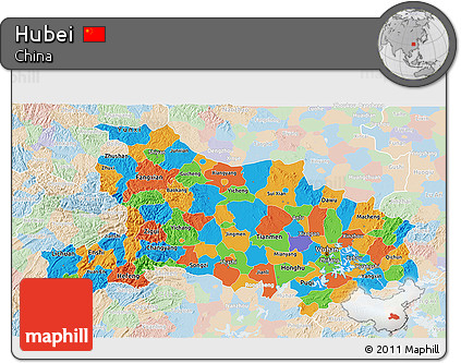 Political 3D Map of Hubei, lighten