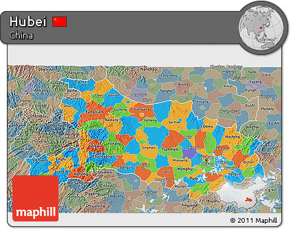 Political 3D Map of Hubei, semi-desaturated