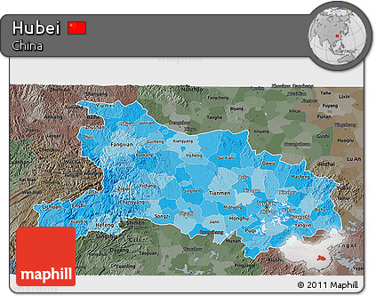 Political Shades 3D Map of Hubei, darken, semi-desaturated