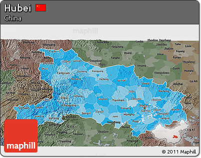 Political Shades 3D Map of Hubei, darken, semi-desaturated