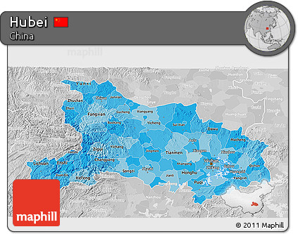Political Shades 3D Map of Hubei, lighten, desaturated