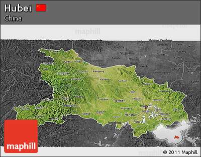 Satellite 3D Map of Hubei, darken, desaturated
