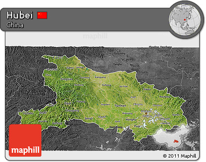 Satellite 3D Map of Hubei, darken, desaturated