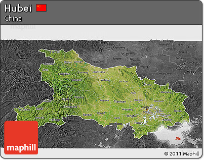 Satellite 3D Map of Hubei, darken, desaturated