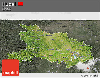 Satellite 3D Map of Hubei, darken, semi-desaturated