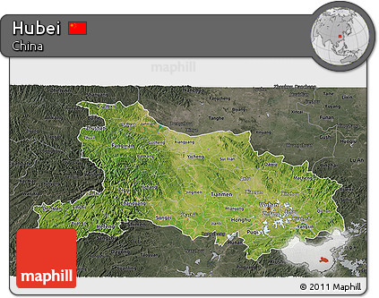 Satellite 3D Map of Hubei, darken, semi-desaturated