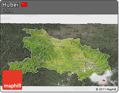 Satellite 3D Map of Hubei, darken, semi-desaturated