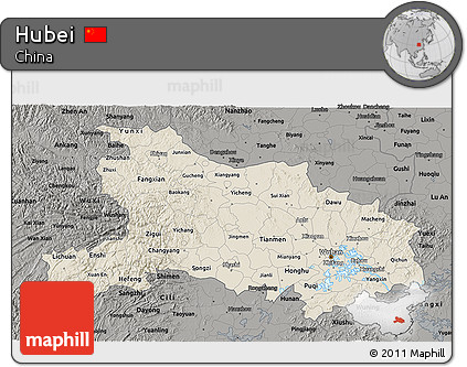 Shaded Relief 3D Map of Hubei, darken, semi-desaturated