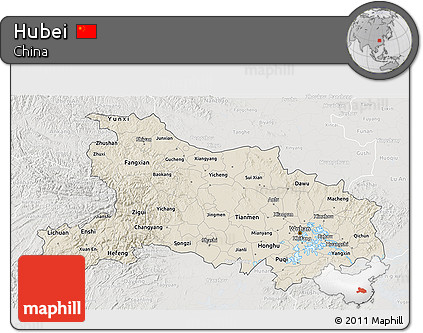 Shaded Relief 3D Map of Hubei, lighten, semi-desaturated