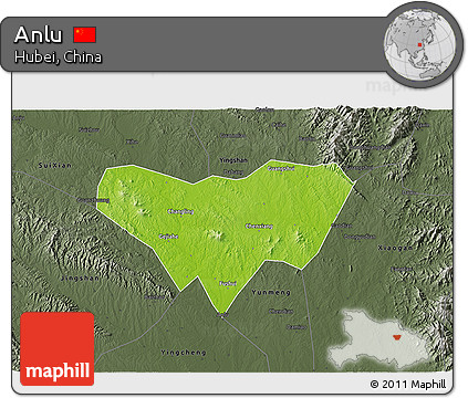 Physical 3D Map of Anlu, darken, semi-desaturated