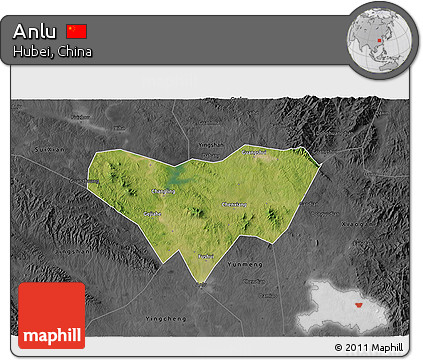 Satellite 3D Map of Anlu, darken, desaturated