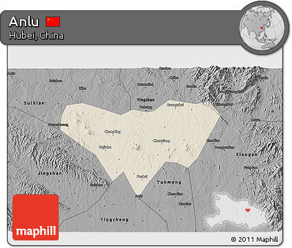 Shaded Relief 3D Map of Anlu, darken, desaturated