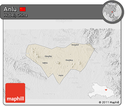 Shaded Relief 3D Map of Anlu, lighten, desaturated