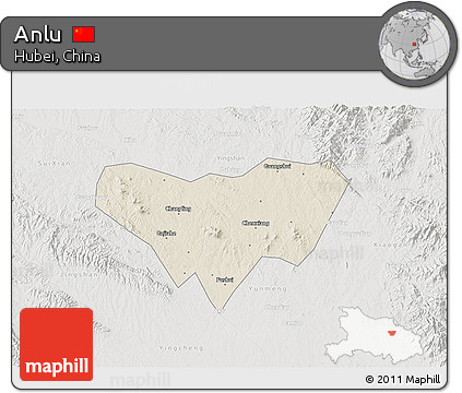Shaded Relief 3D Map of Anlu, lighten, semi-desaturated