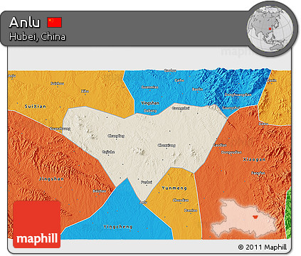 Shaded Relief 3D Map of Anlu, political outside