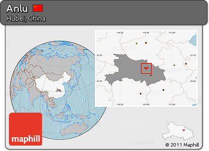 Gray Location Map of Anlu, highlighted country, highlighted parent region, hill shading
