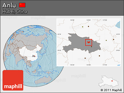 Gray Location Map of Anlu, highlighted country, highlighted parent region, hill shading