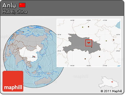 Gray Location Map of Anlu, highlighted country, highlighted parent region, hill shading