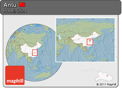 Savanna Style Location Map of Anlu, highlighted country, within the entire country, hill shading