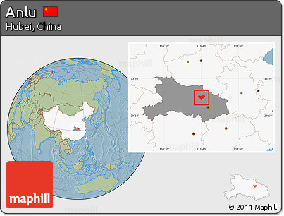 Savanna Style Location Map of Anlu, highlighted country, highlighted parent region, hill shading