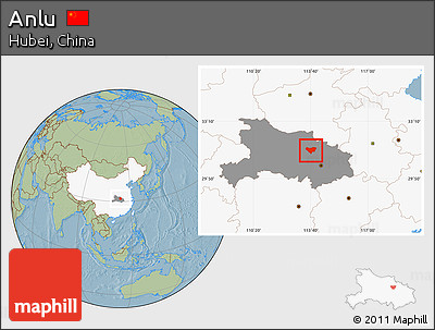 Savanna Style Location Map of Anlu, highlighted country, highlighted parent region, hill shading