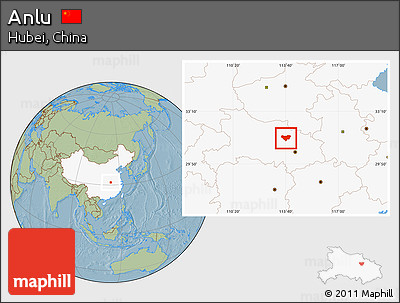 Savanna Style Location Map of Anlu, highlighted country, hill shading
