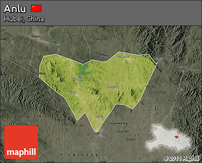 Satellite Map of Anlu, darken, semi-desaturated