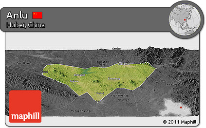 Satellite Panoramic Map of Anlu, darken, desaturated