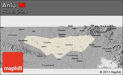Shaded Relief Panoramic Map of Anlu, darken, desaturated