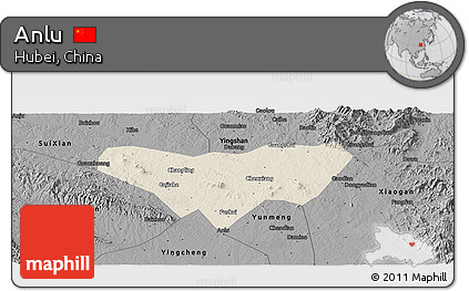 Shaded Relief Panoramic Map of Anlu, darken, desaturated