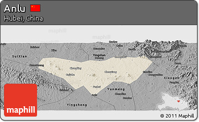 Shaded Relief Panoramic Map of Anlu, darken, desaturated